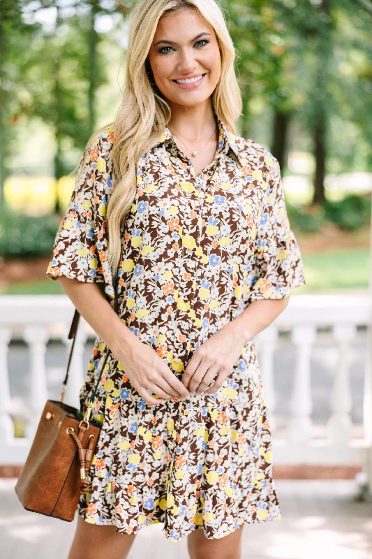 Fashion Deal Get What You Need Brown Ditsy Floral Dress