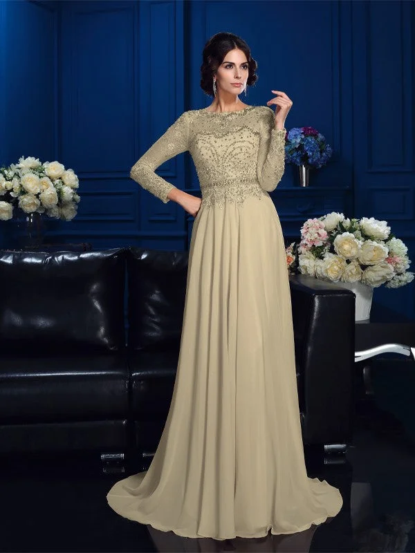 Hot Styles A-Line/Princess Scoop Beading Long Sleeves Long Chiffon Mother of the Bride Dresses