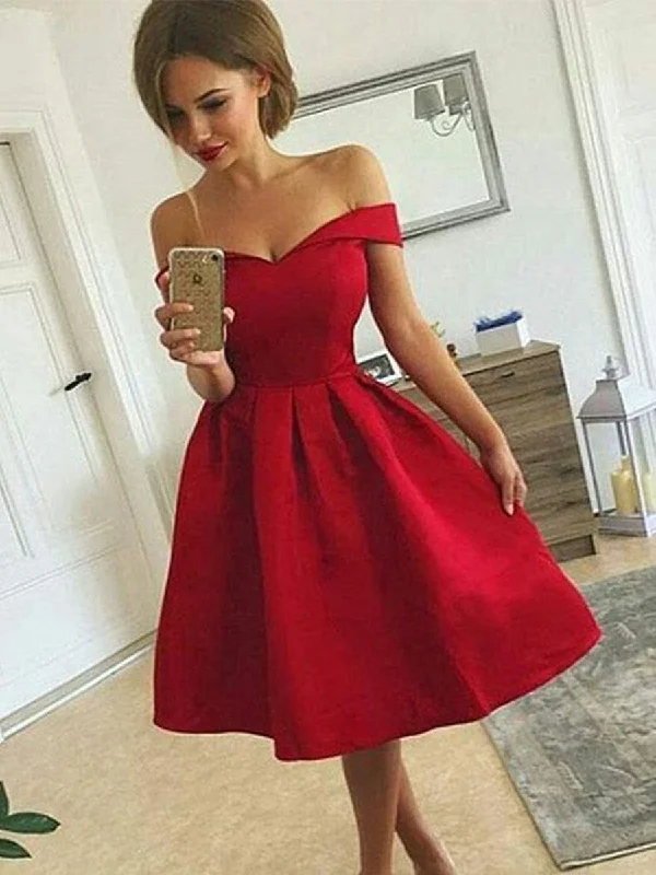 Limited Quantities Cute Off Shoulder Red Satin Short Prom Dresses, Off Shoulder Red Homecoming Dresses, Red Graduation Dresses, Formal Dresses