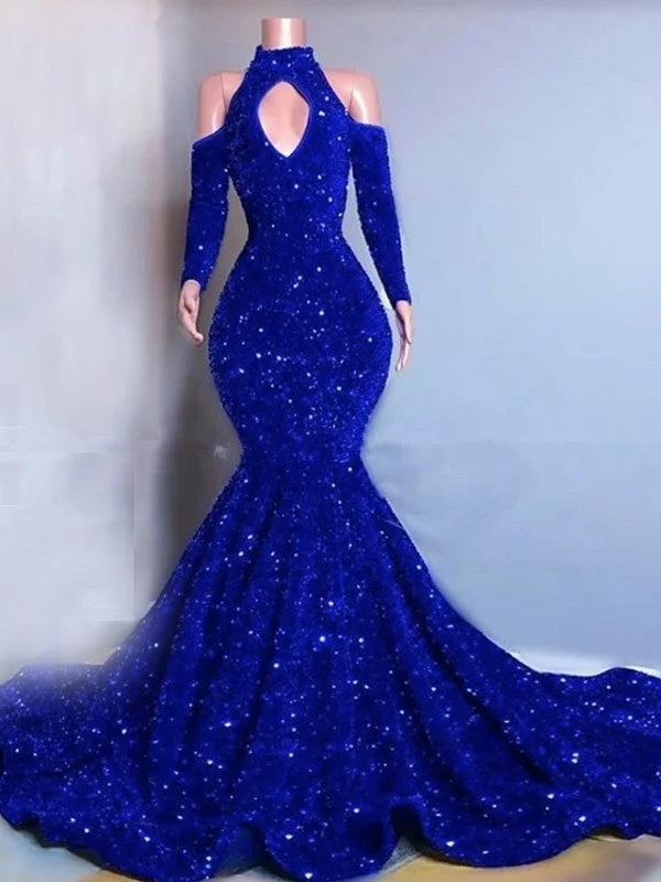 Exclusive Discount Trumpet/Mermaid Velvet Sequins High Neck Long Sleeves Chapel Train Dresses