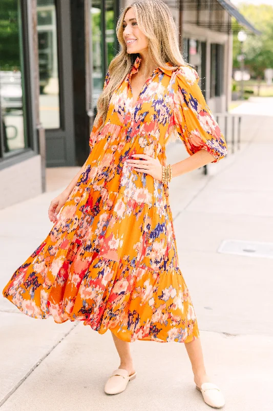 Father'S Day Deals Think It Through Orange Floral Babydoll Midi Dress