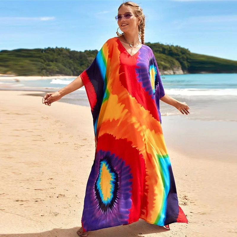 Women's Vacation Outfit Set Rainbow Tie Dye Maxi Kaftan Dress