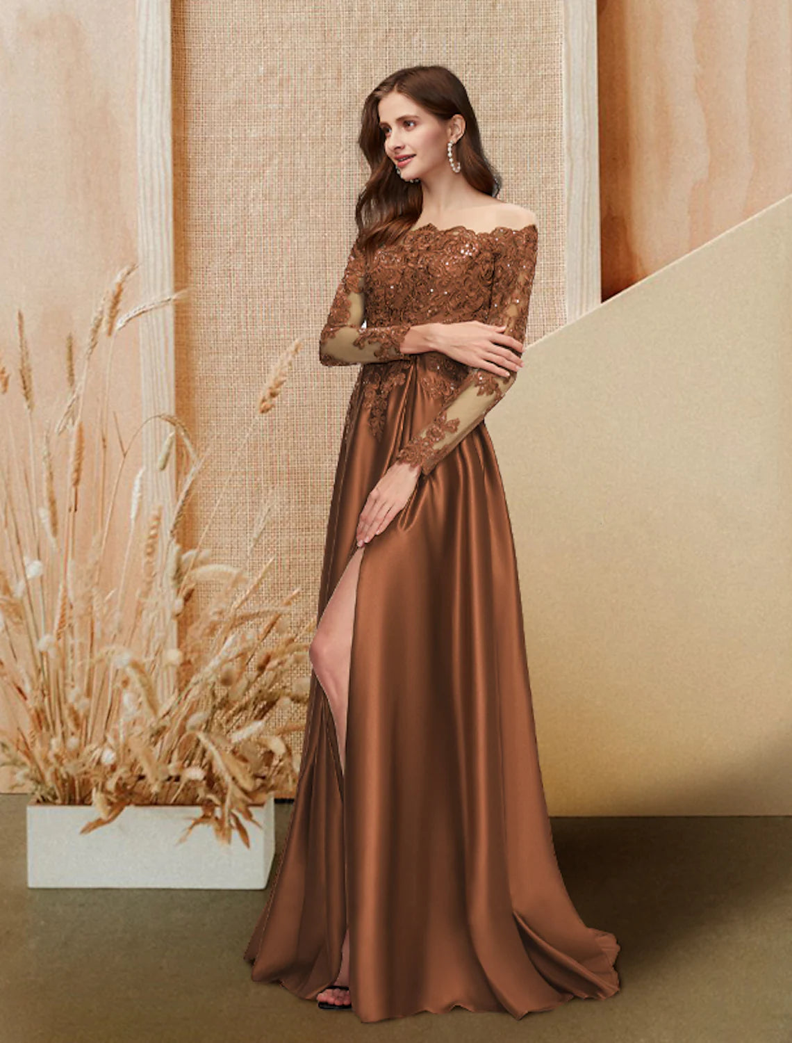 Style Upgrade A-Line Evening Gown Glittering Dress Engagement Floor Length Long Sleeve Off Shoulder Satin Sequin Lace