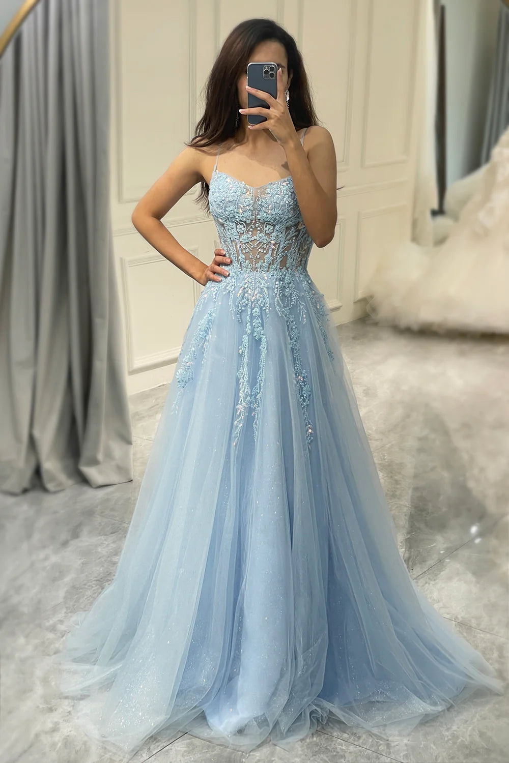 Mid - Week Surprise Amzcw A Line Light Blue Spaghetti Straps Tulle Long Prom Dress With Appliques prom dresses with long sleeves