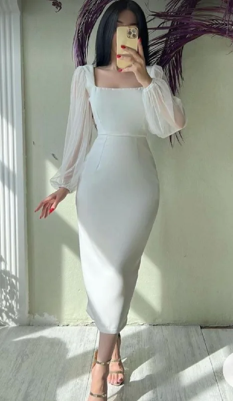 Buy More, Save More White Square Neckline Sheath Prom Dress,White Prom Gown Y5658