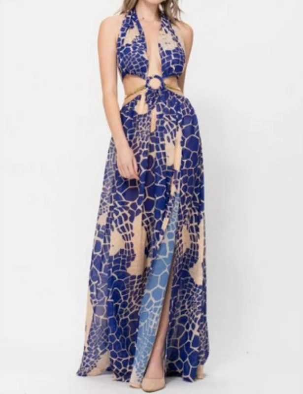 Beat The Heat In Tropical Styles Cut Out Patterned Maxi Dress in Royal Blue Patterned