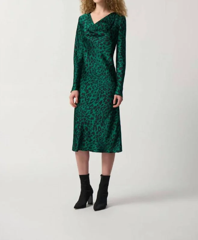 Elevate Your Wardrobe Animal Print Cowl Neck Midi Dress In Green/blk