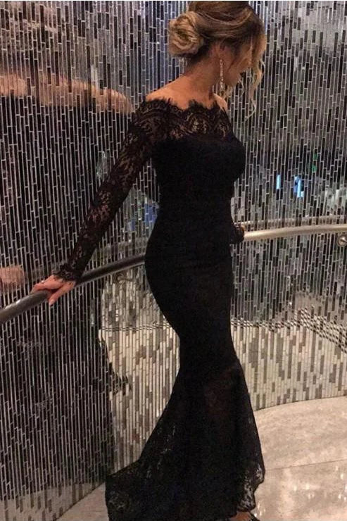 Exclusive Sale New Style Mermaid Long Sleeves Black Prom Dresses Lace Scoop Long Evening Dresses