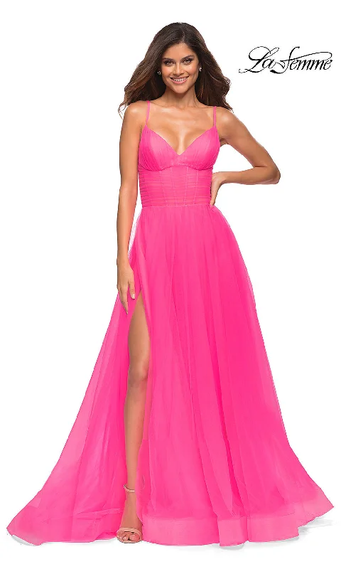 Celebrate With Big Savings La Femme Long Neon Pink Prom Ball Gown with Pockets