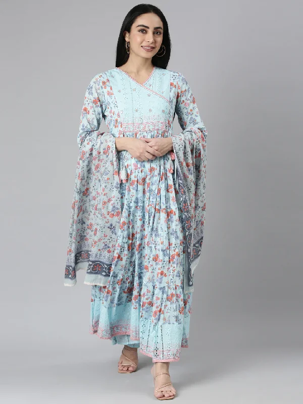 Fashion Essentials Neerus Blue Curved Casual Floral Maxi Dresses