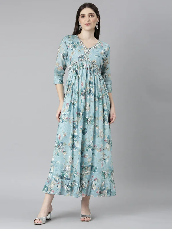 Chic Outfits Neeru's Blue Straight Casual Floral Dresses