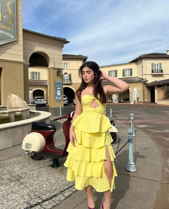 Exclusive Discount Yellow A-line Tiered Prom Dress With Split,Yellow Party Gown Y6121