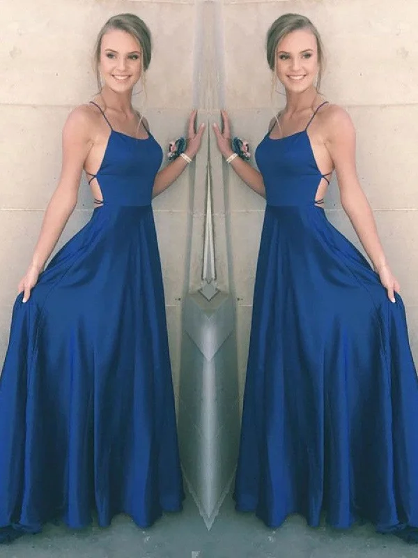 Spring Wardrobe A Line Spaghetti Straps Backless Satin Royal Blue Prom Dresses, Royal Blue Formal Dresses, Graduation Dresses