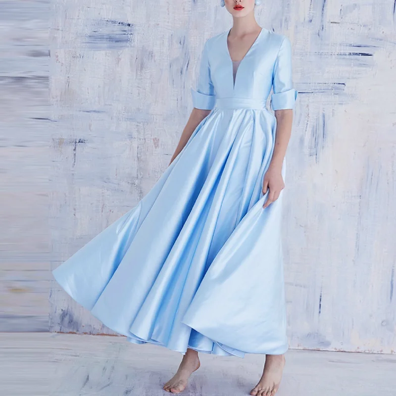 Limited Quantities Tea Length Sky Blue Satin Wedding Dress with Half Sleeves