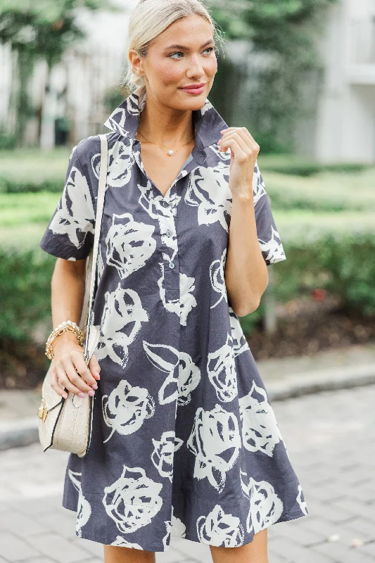 Fashion Deal Back To You Charcoal Gray Floral Dress