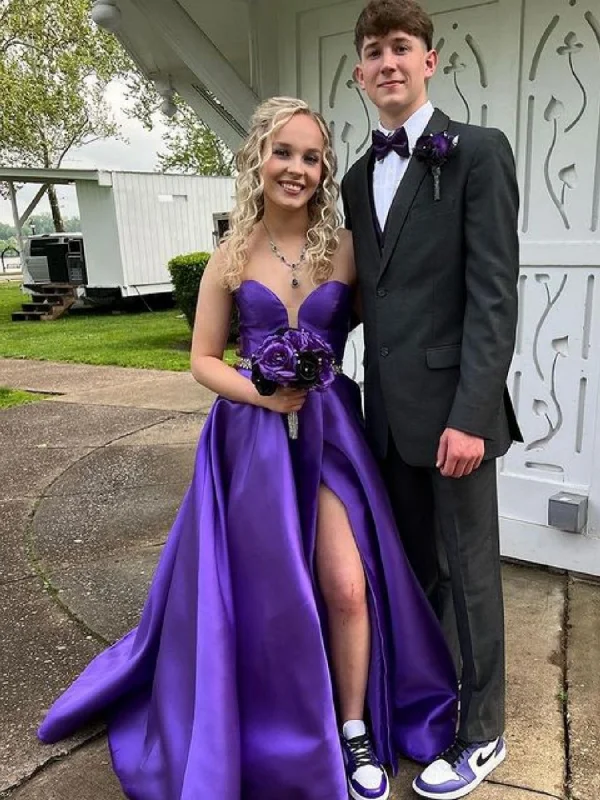 Stylish Spring Fashion V Neck Purple Satin Long Prom Dresses with Belt, V Neck Purple Formal Dresses, Purple Evening Dresses SP2711