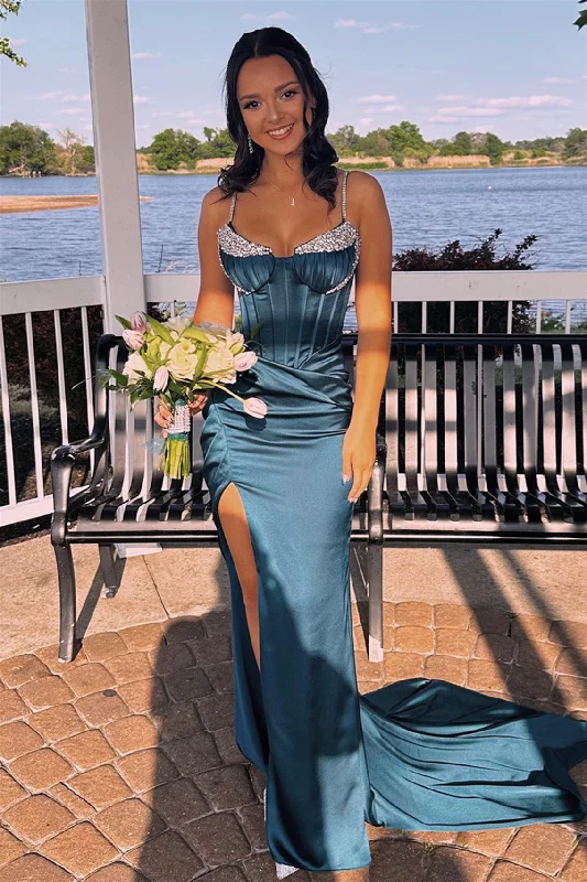 Buy More, Save More Ink Blue Beaded Mermaid Straps Satin Long Prom Dress with Slit