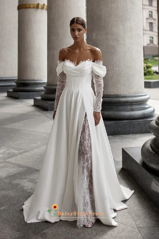 Limited-Time Offer Slit Off Shoulder Long Sleeve Wedding Dress