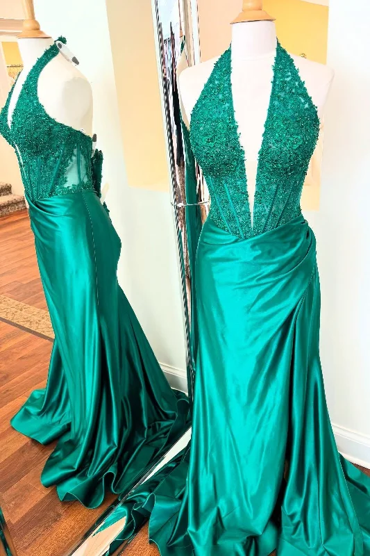 Wardrobe Refresh Halter Green Appliques Satin Ruched Prom Dress