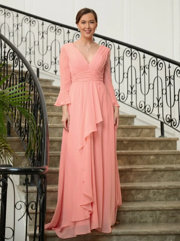 Limited Time Deal A-Line/Princess Chiffon Ruched V-neck Long Sleeves Sweep/Brush Train Mother of the Bride Dresses