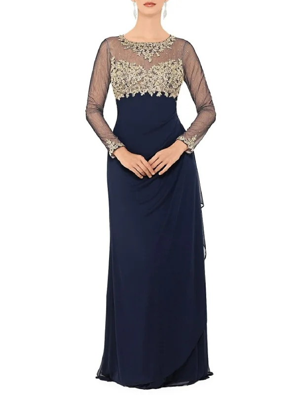 Early Access To Art Deco Styles Sale Sheath / Column Mother of the Bride Dress Elegant & Luxurious Jewel Neck Floor Length Chiffon Long Sleeve with Beading Appliques