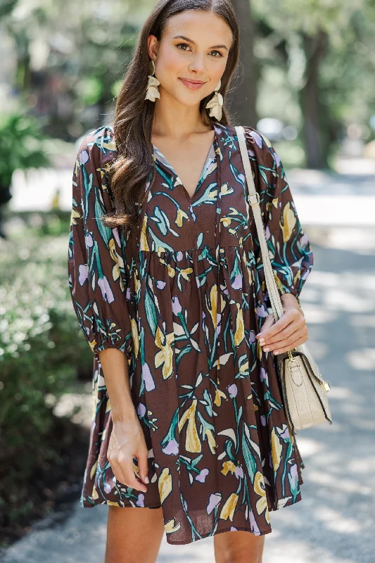 Elegant Style Talk It Through Espresso Floral Dress