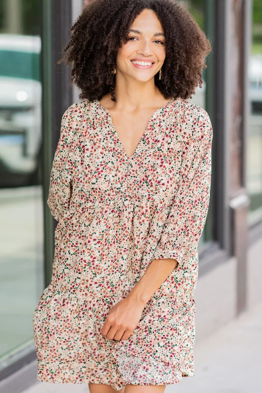 Fashion Forward Can't Be Outdone Beige Brown Ditsy Floral Dress