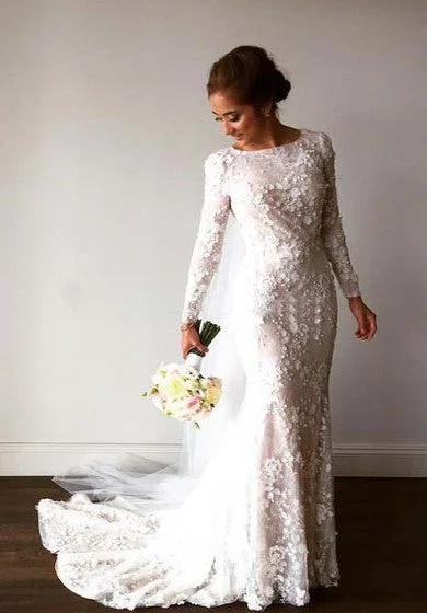 Hot Trends Vintage Long Sleeve 3D-floral Appliques Crystal Mermaid Wedding Dress