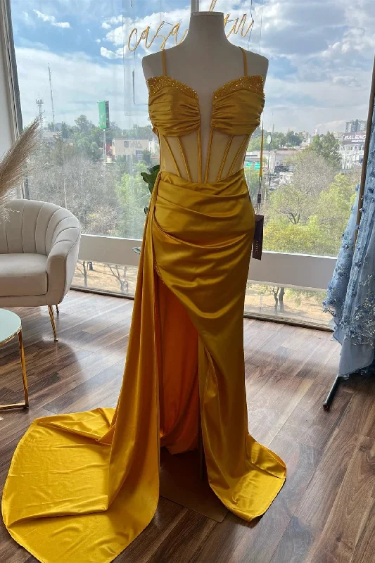 Elegant Style Yellow Beaded Mermaid Satin Deep V Neck Long Prom Dress with Slit