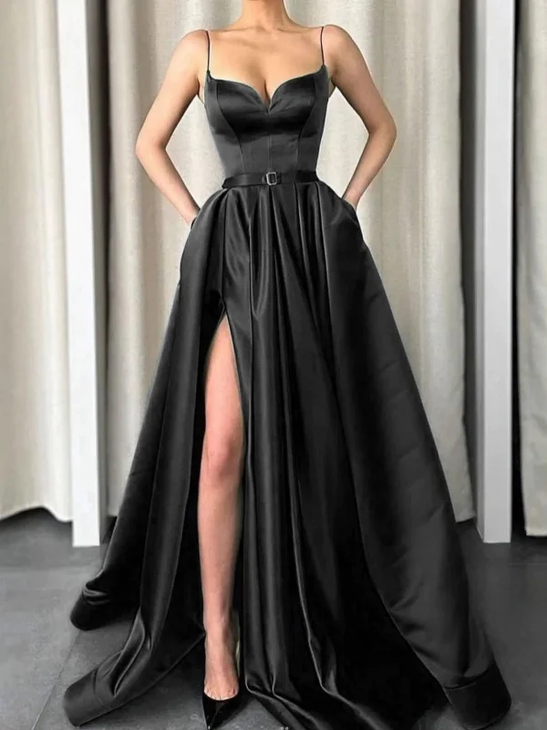 Spring Fashion Simple A Line V Neck Green/Black Satin Long Prom Dresses with High Slit, Green/Black Formal Graduation Evening Dresses SP2566