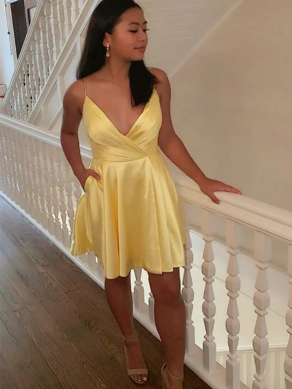 Exclusive Sale Cute V Neck Yellow Satin Short Prom Dresses Homecoming Dresses, V Neck Yellow Formal Graduation Evening Dresses