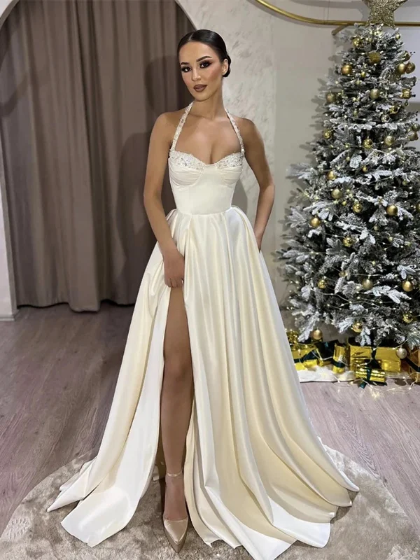 Limited Quantities A Line Sequins Top White Satin Long Prom Dresses with High Slit, Long White Formal Graduation Evening Dresses SP2892