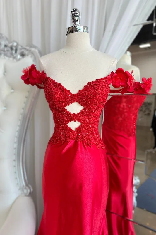 Limited Quantities Off the Shoulder Red Appliques Satin Ruched Mermaid Formal Dress