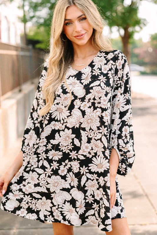 Mid - Week Surprise Loud And Clear Black Floral Bubble Sleeve Dress