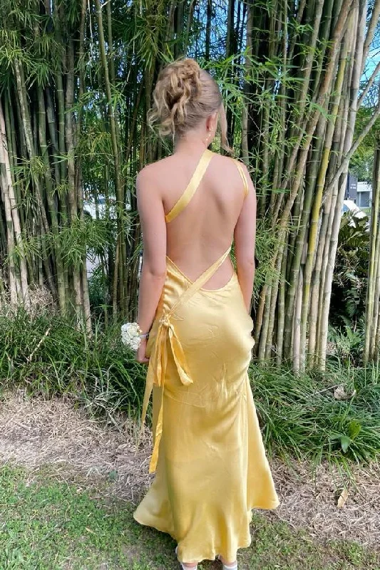 Great Prices On Feminine Styles One Shoulder Yellow Soft Satin Fitted Party Dress