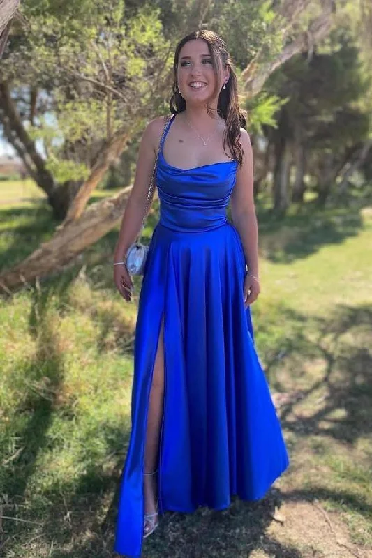 Update With Cottagecore Styles Cowl Neck Royal Blue Satin A-line Formal Dress