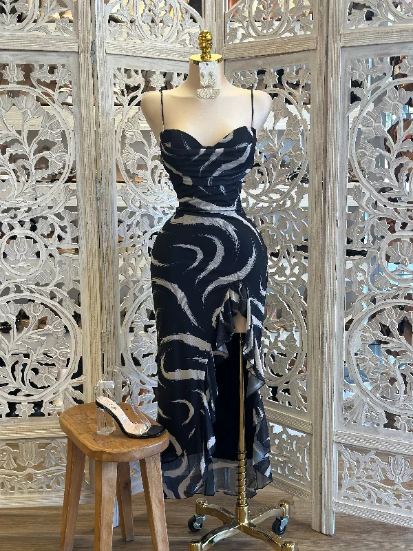 Clothes For Sale Black Marble Ruffle Dress-Estira, Stretchy