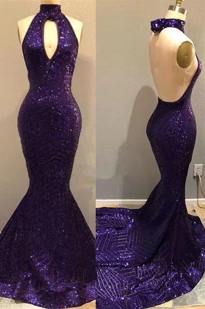 Fashion Forward Purple Sequins Sexy Open Back Prom Dresses | Mermaid Keyhole Evening Gowns Y1529