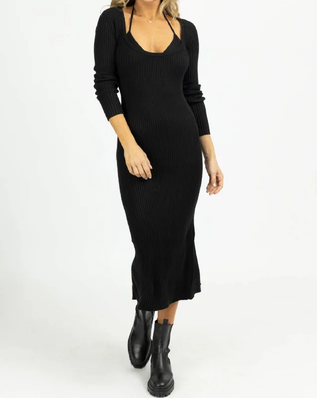 Trend Alert Knit Layered Bra Midi Dress Set In Black