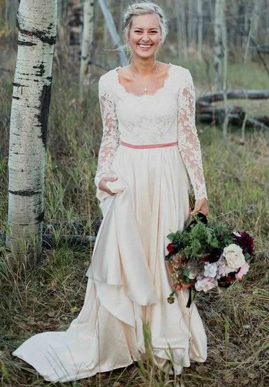 Lighten Up With Nordic Styles Elegant Long Sleeve Sheath Scalloped Lace And Satin Wedding Gown