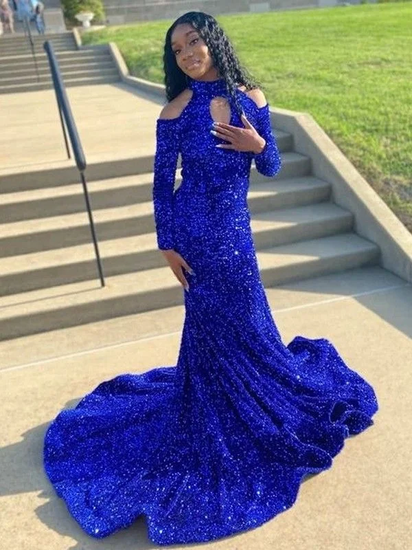 Latest Trends Royal Blue High Neck Trumpet/Mermaid Sequin Long Sleeves Evening Dress         S5239