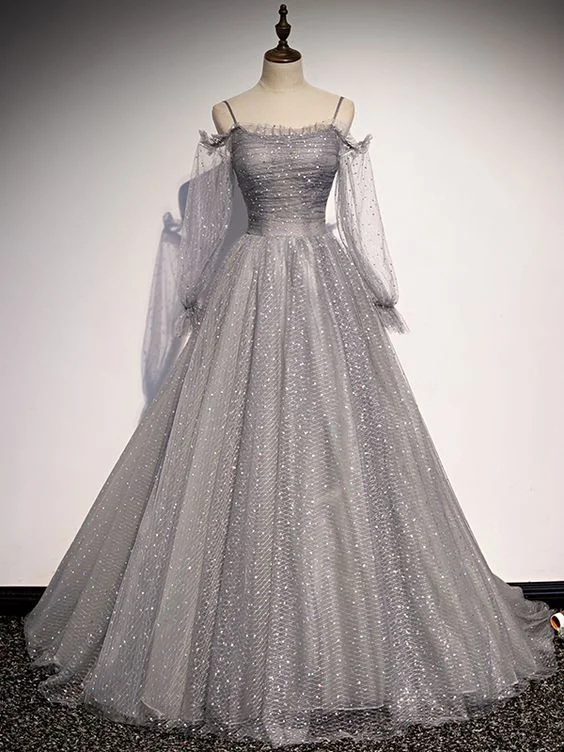 End - Of - Month Blowout Gray Long Sleeve Sequins Prom Dress     S1040