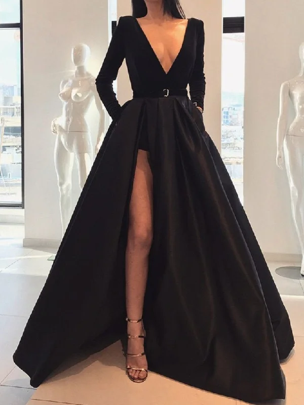 Fashion Sale A Line Deep V Neck Black/Burgundy Long Sleeves Satin Prom Dresses With Leg Slit, Black/Burgundy Formal Dresses, Graduation Dresses, Evening Dresses