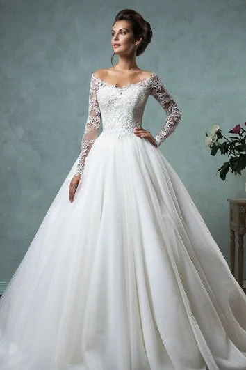 Trend Alert A-Line Ball Gown Empire Mini Jewel V-Neck Long Sleeve Bell Empire Dropped Appliques Court Train Backless Tulle Lace Dress