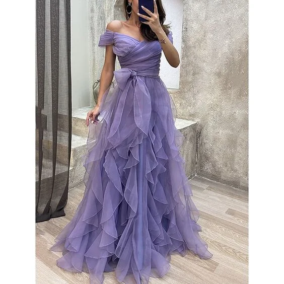 Flash Deals Off The Shoulder Purple Tulle Prom Dress,A-line Prom Gown Y5632