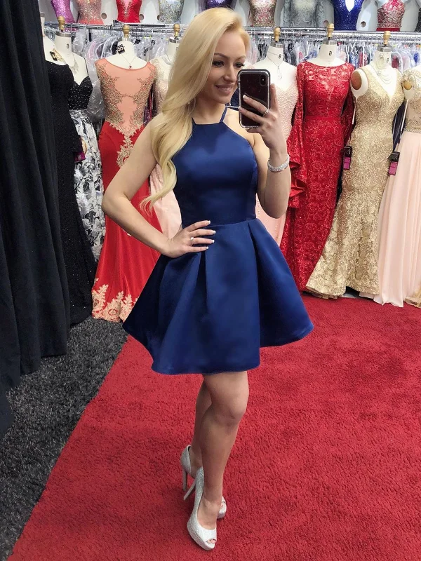 Save On Inspired Styles Cute A Line Blue Satin Short Prom Homecoming Dresses, Short Blue Formal Graduation Evening Dresses SP2080