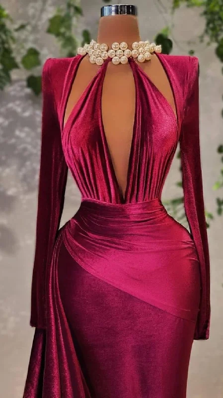 Exclusive Sale Sexy Velvet Long Sleeve Evening Dress,Chic Evening Gown Y4934