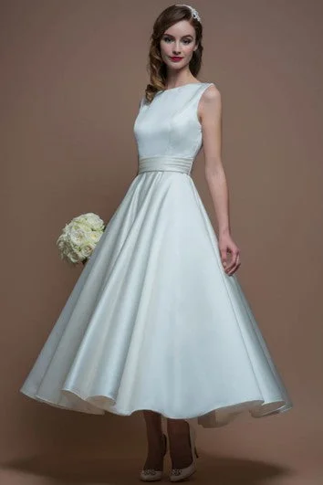 Summer Fashion A-Line Jewel-Neck Sleeveless Tea-Length Satin Wedding Dress With V Back