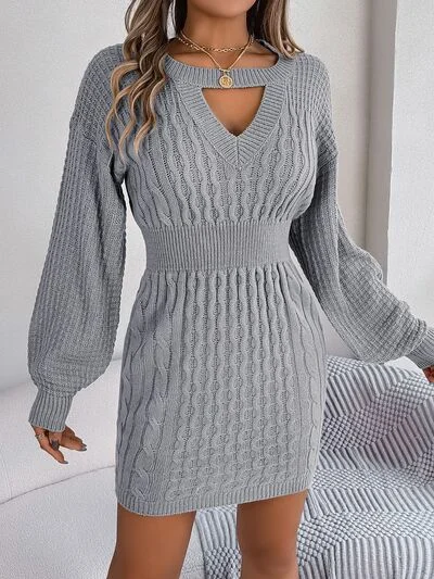 Evening Looks Cable-Knit Cutout Round Neck Slit Long Sleeve Sweater Dress