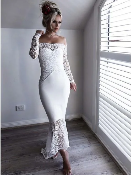 Spring Wardrobe Prom Dresses Long Sleeve Lace Appliques Sheath  Off the Shoulder